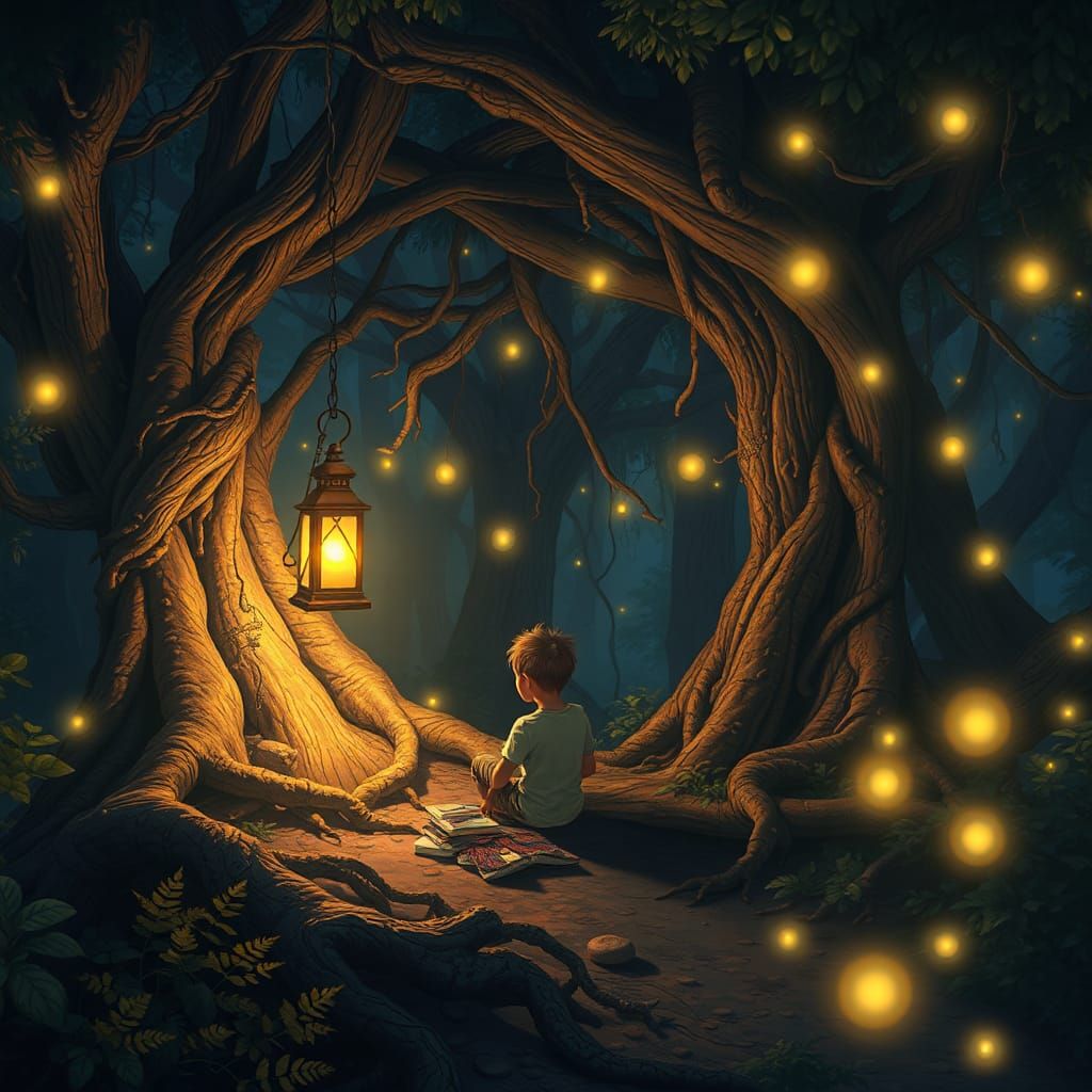Boy in Mystical Forest with Lantern Light