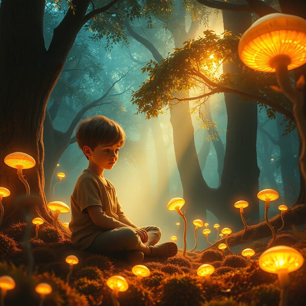 Boy in Mystical Forest with Glowing Flora