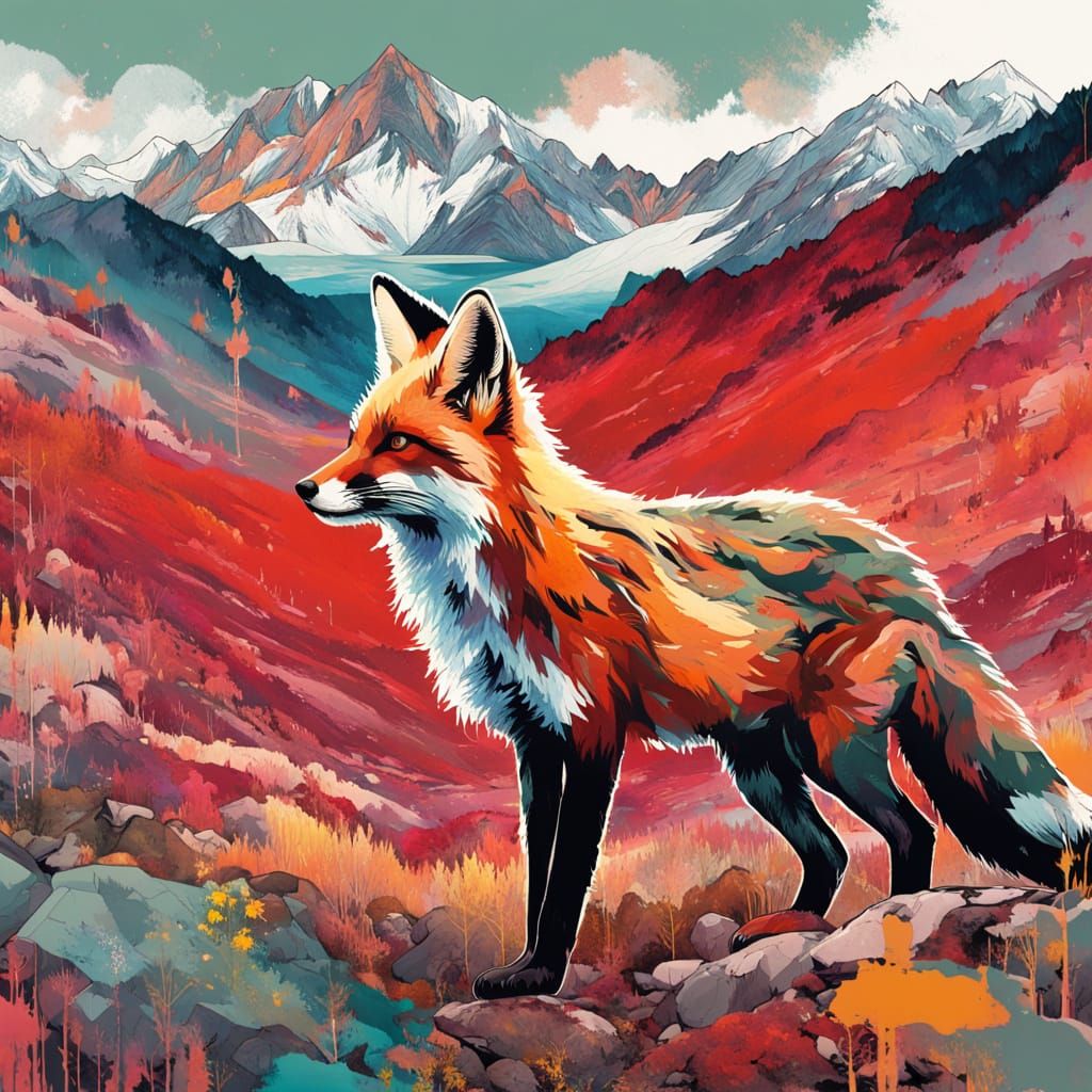 Vibrant Red Fox Strolls Through a Whimsical Landscape in Mix...