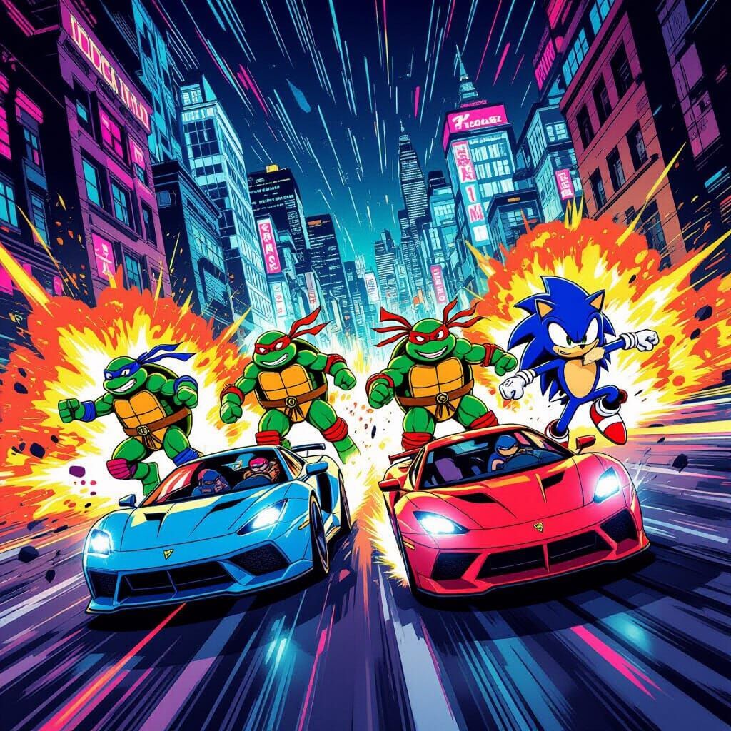 TMNT Race Sonic Through Neon City in Comic Style