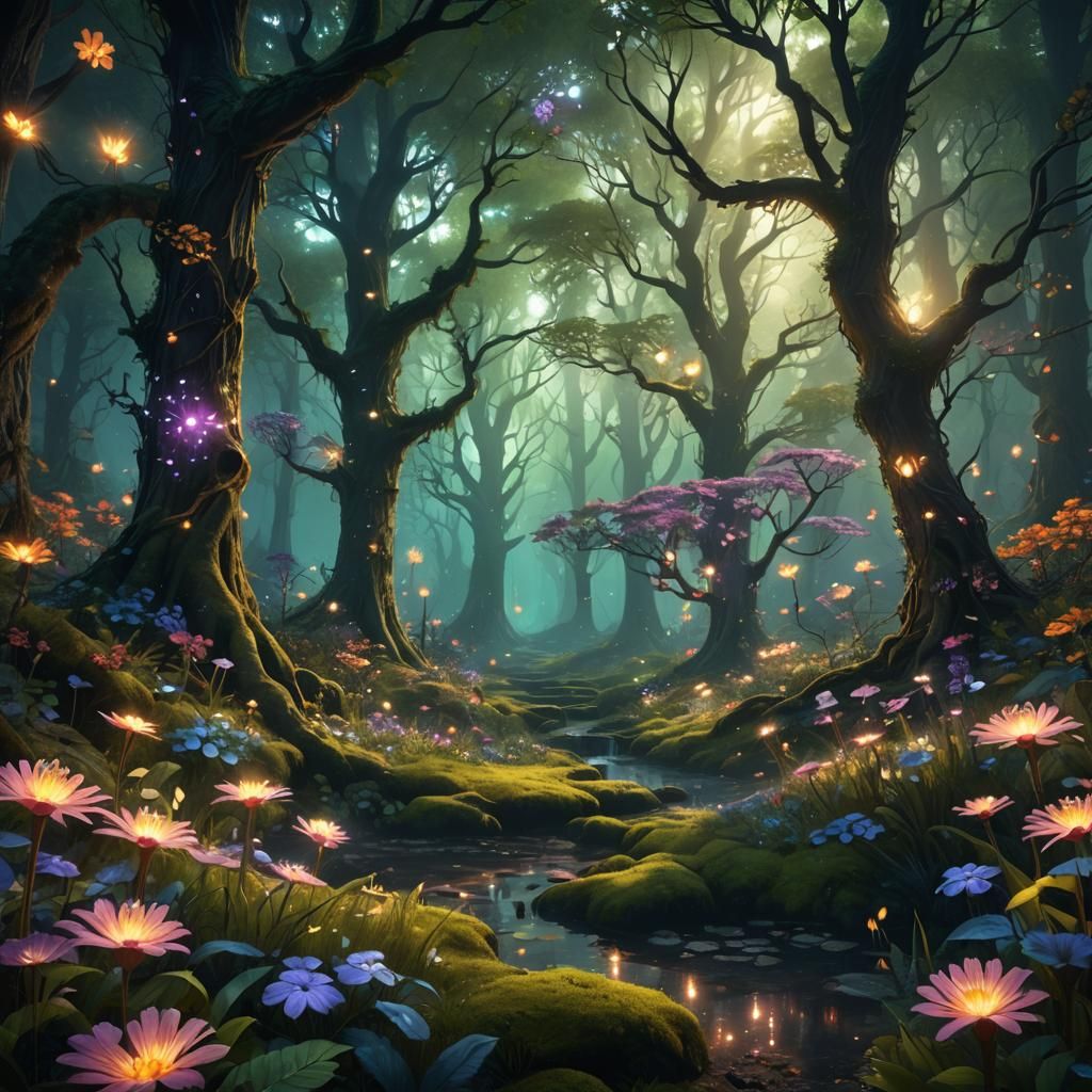 Mystical Forest with Glowing Flowers: Fantasy Digital Art
