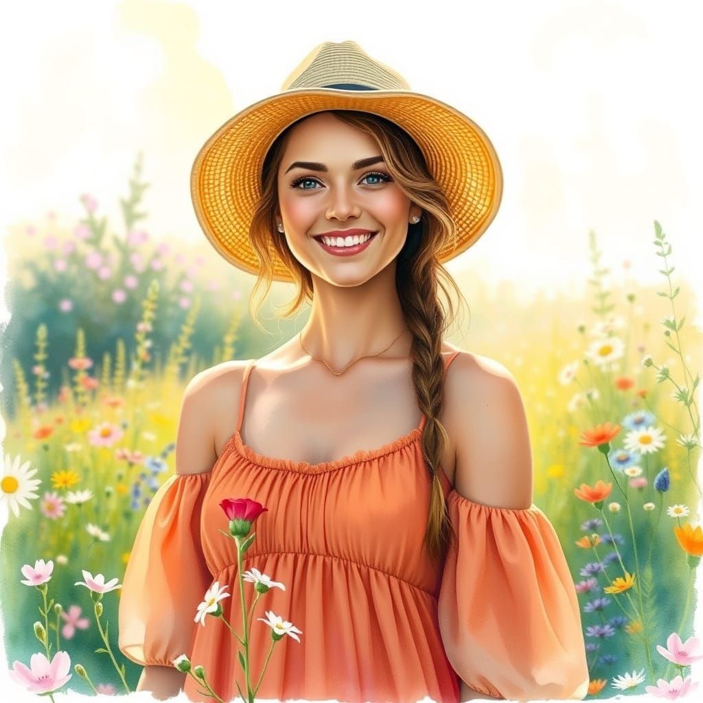 Smiling Woman in Summer Meadow: Watercolor Style
