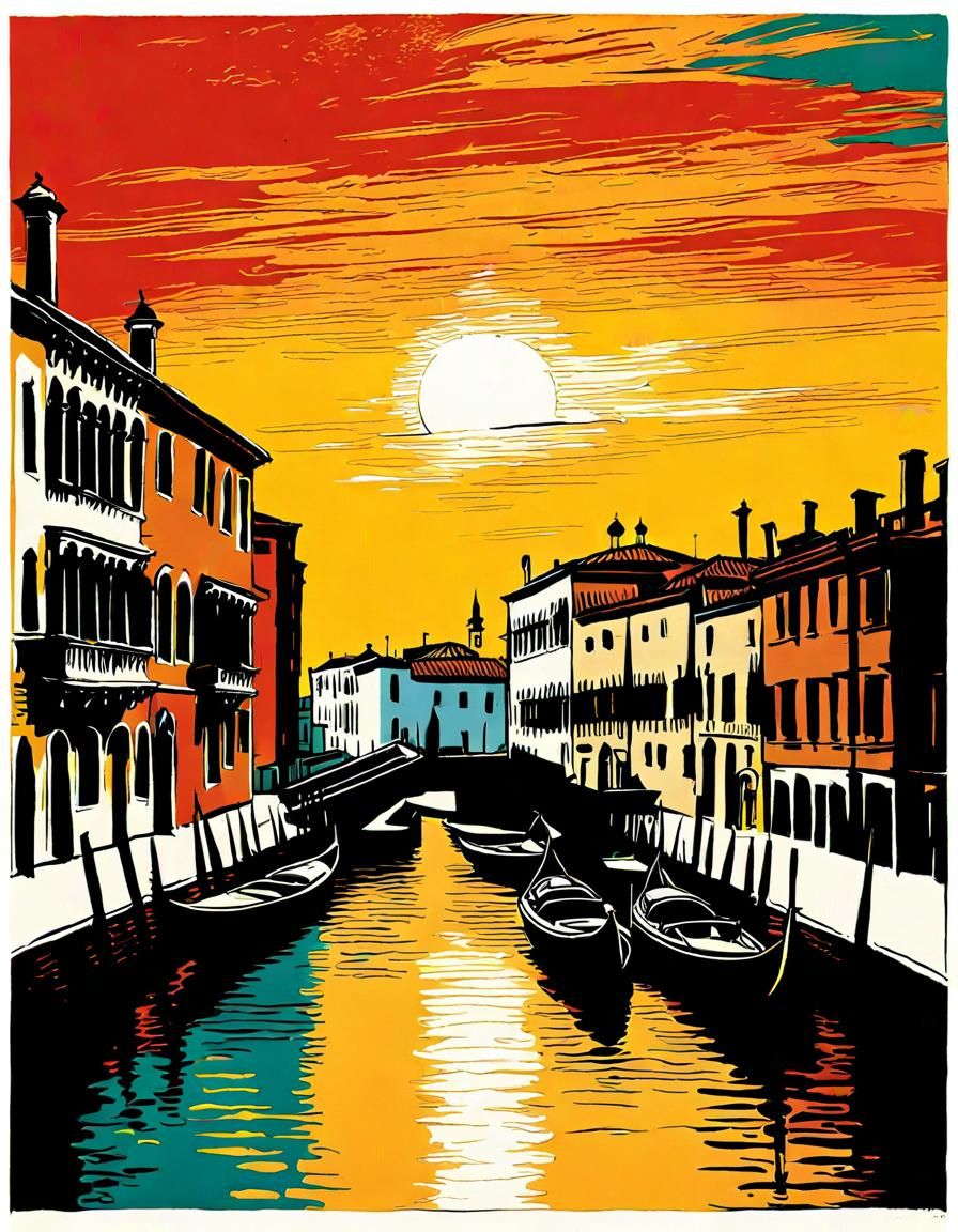 Venice Street Scene Etching with Colorful Touches