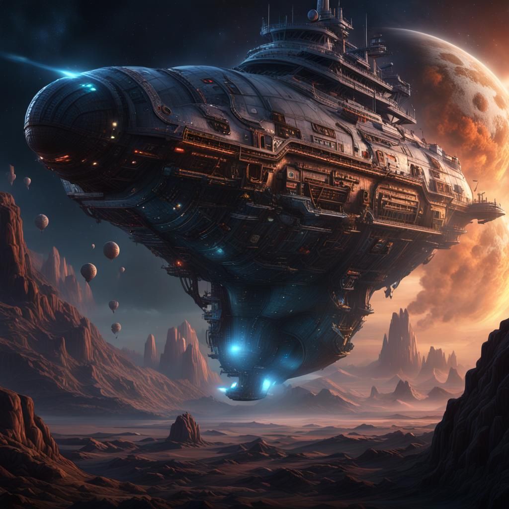 Gigantic Spaceship Speeds Through Dark Space