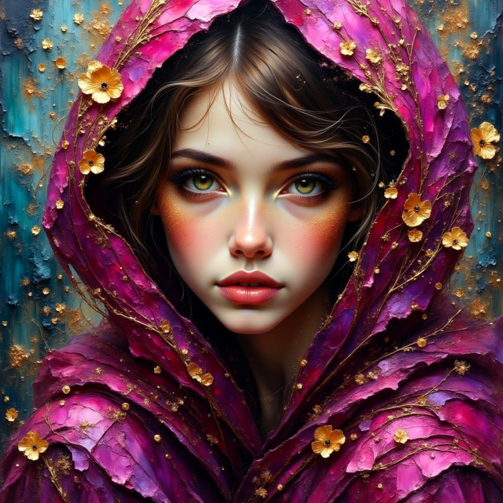 Magenta and Gold Portrait in Impasto Oil Painting