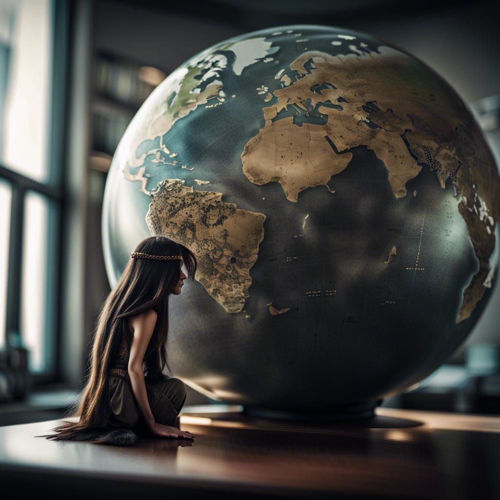 Elf Sprite on Globe in Office, Hyperrealistic