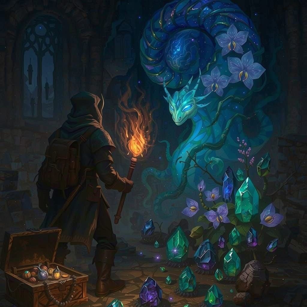 Ethereal Cavern RPG Scene with Dragon and Adventurers