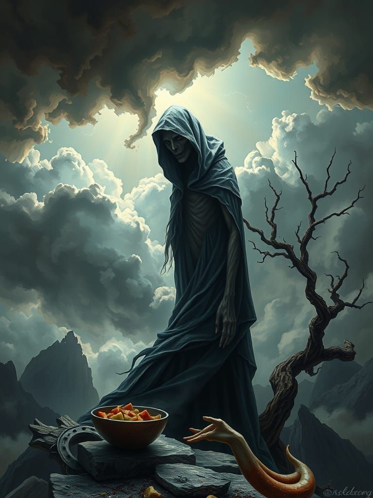 Ethereal Specter of Desolate Hunger in Dramatic, Ominous Sky