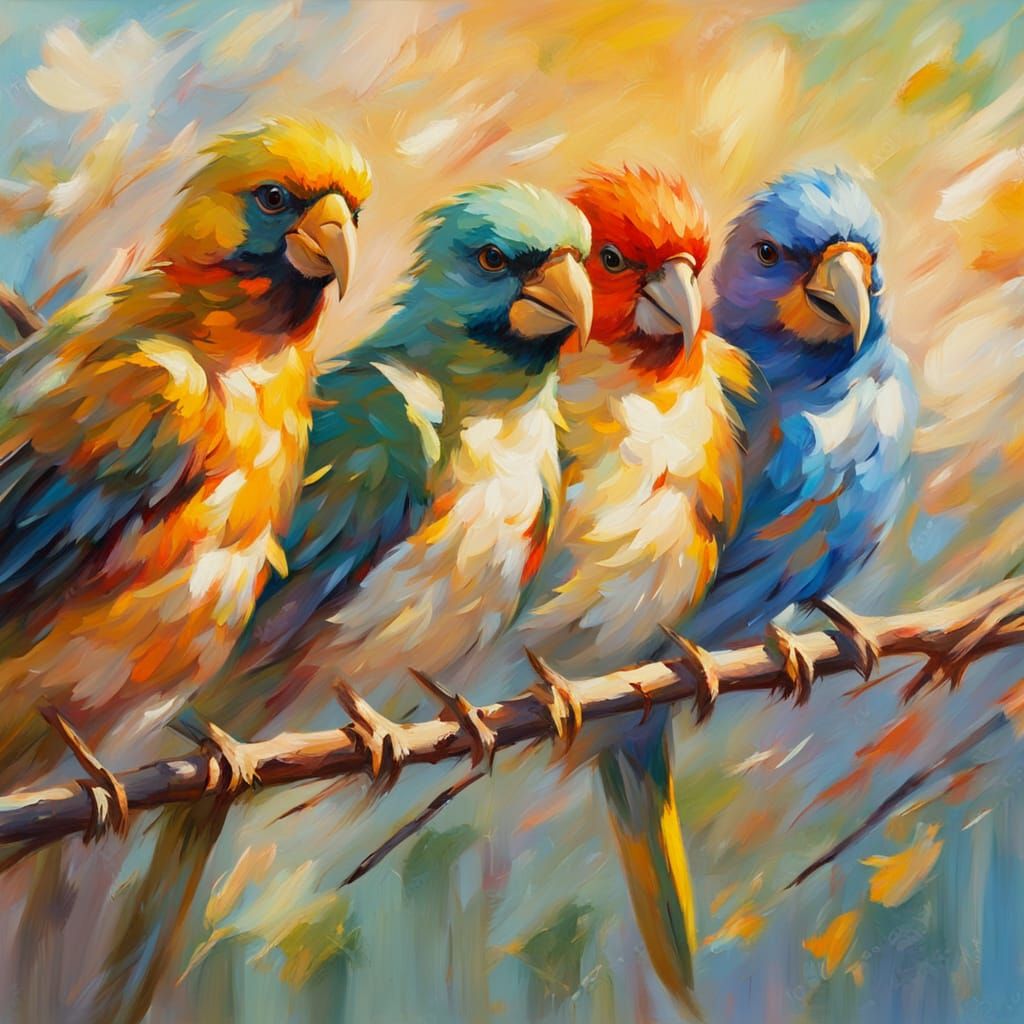 Impressionist Oil Painting of Colorful Birds in Flight