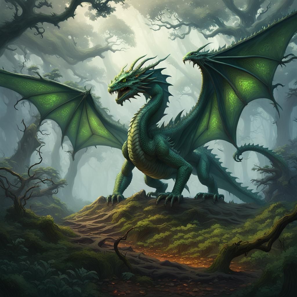 Ancient Green Dragon in Misty Forest, Dark Fantasy Art