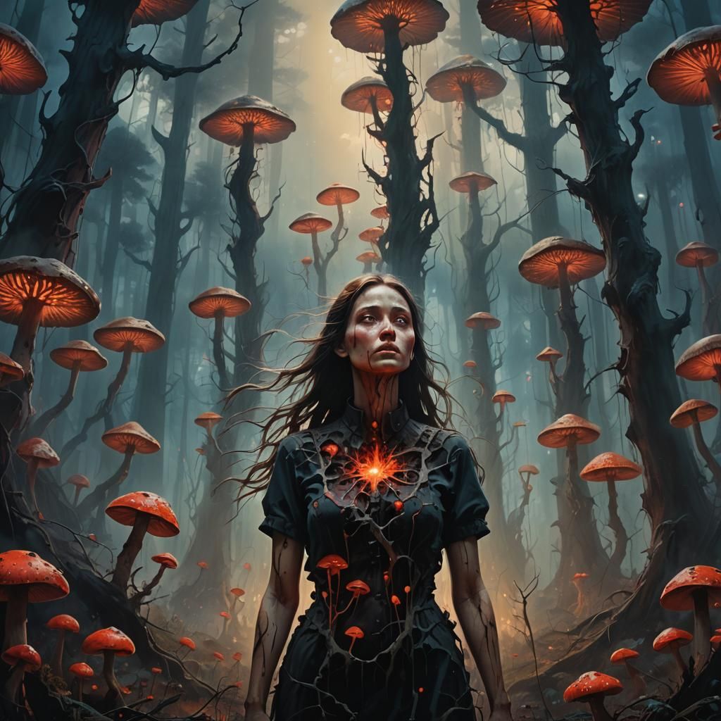 Surreal Woman with Bloodied Plant Heart in Forest
