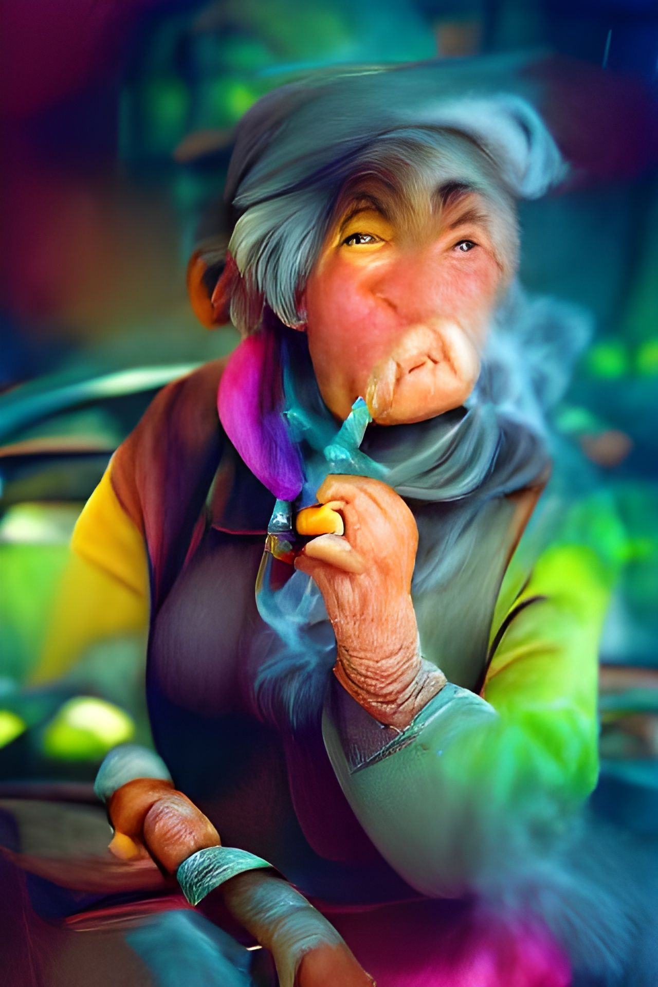 Pixar-Style Old Woman Smoking: Colorful Anime Art