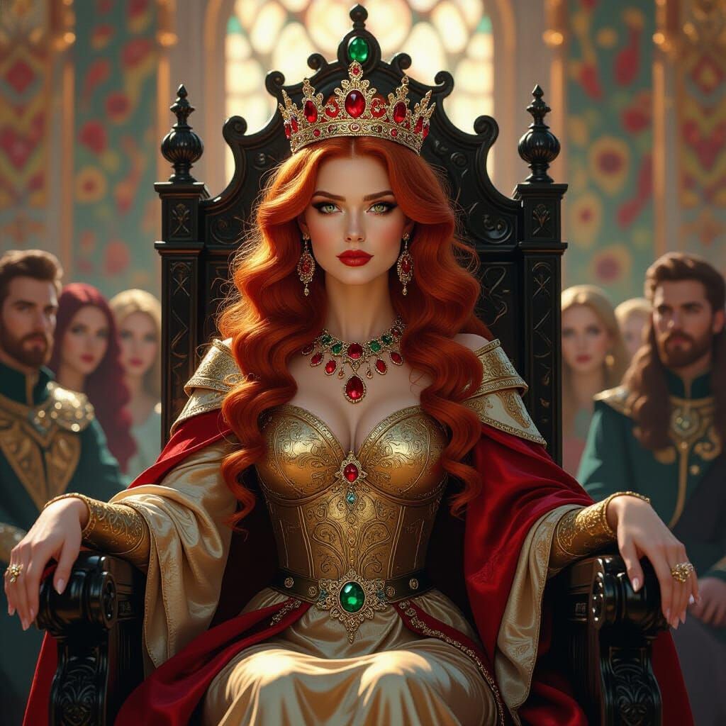Regal Queen with Fiery Hair in Grand Hall