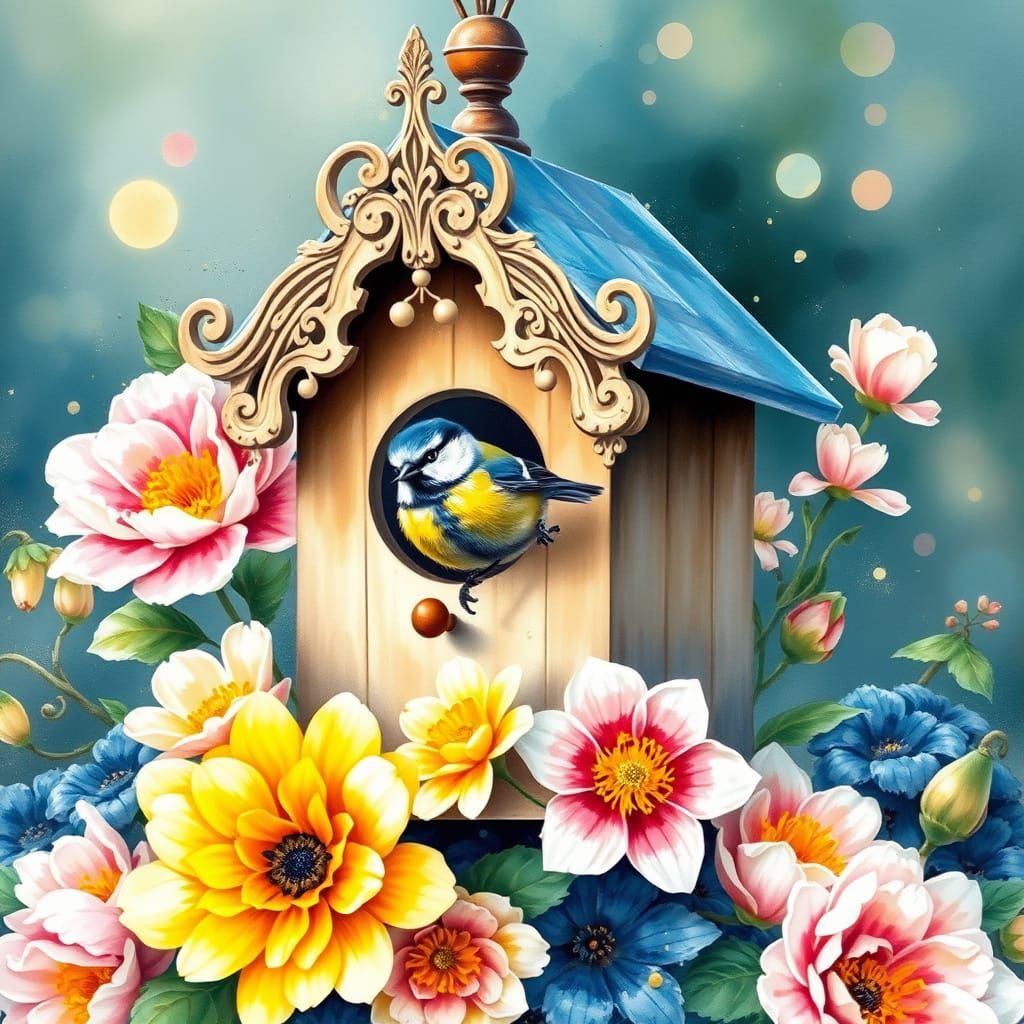 Vibrant Bluetit on Ornate Birdhouse in Impressionist Waterco...