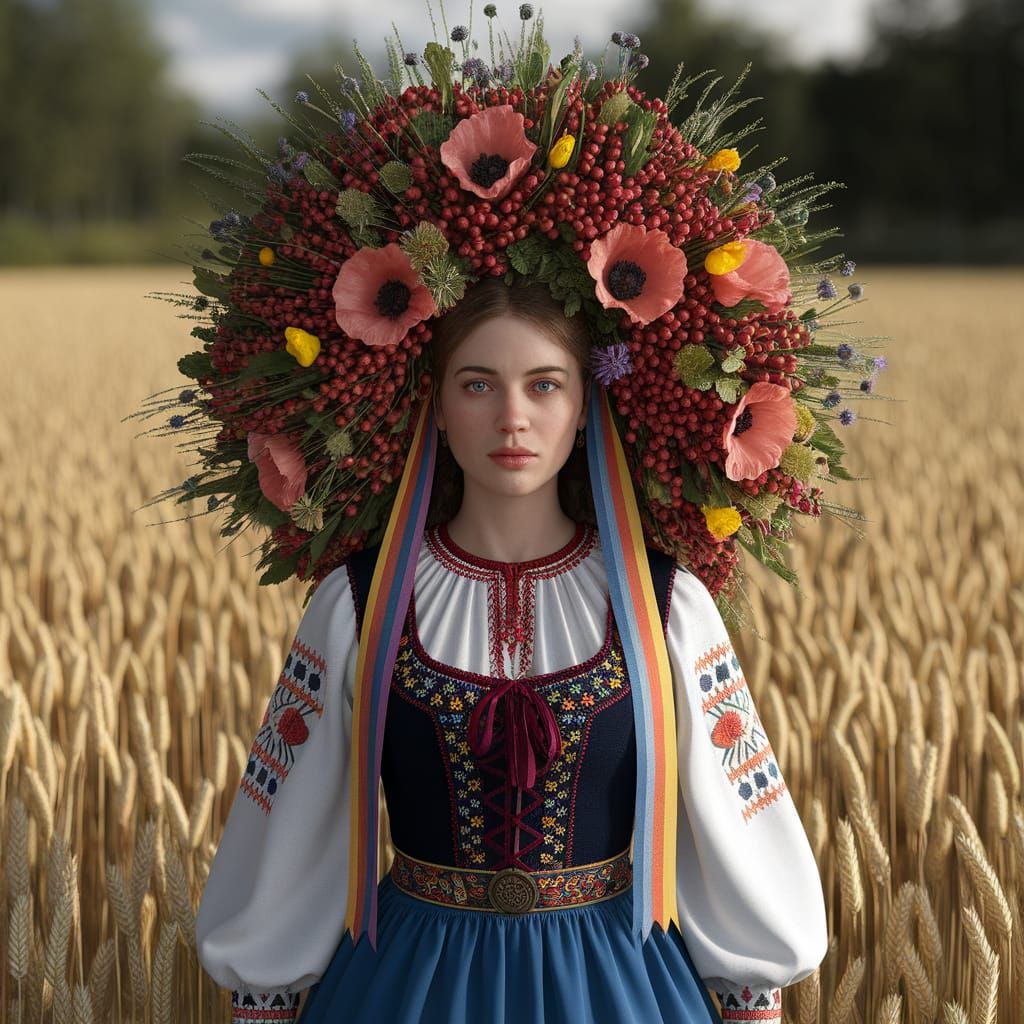 Ukrainian Woman in Floral Wreath, Hyperrealistic Portrait