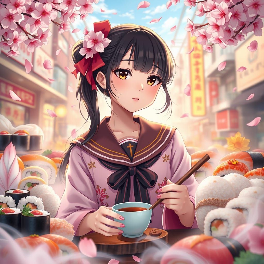 Japanese Schoolgirl in Whimsical Sushi Wonderland