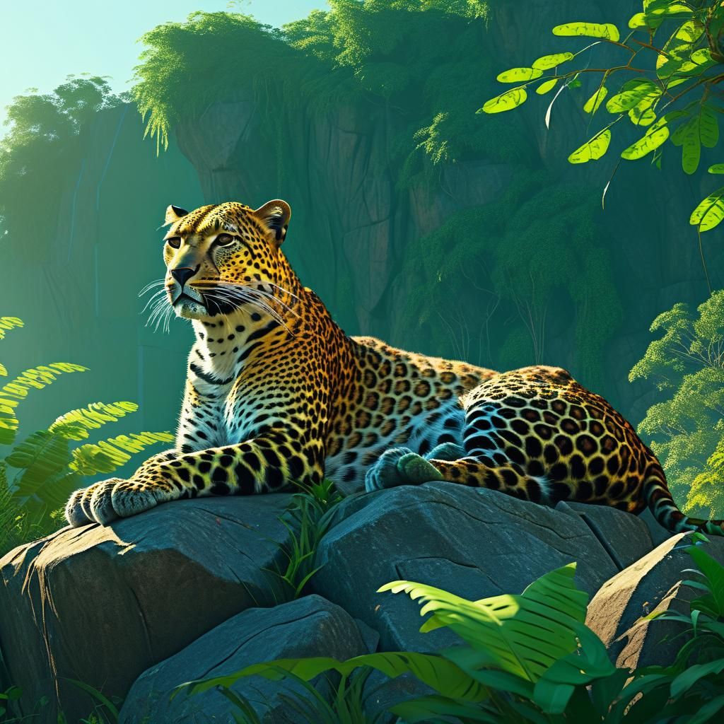 Majestic Leopard in Lush Jungle, Digital Matte Painting