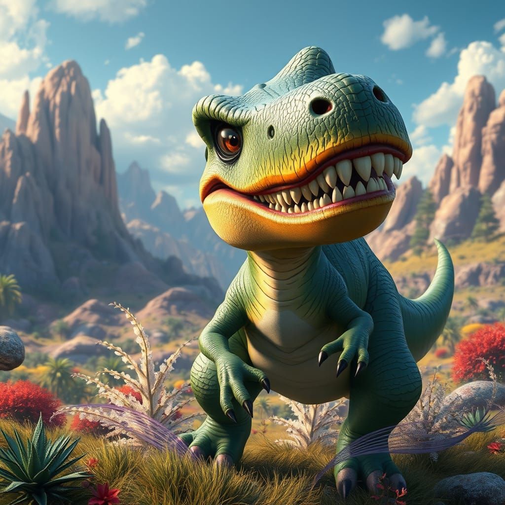 Fantastical T-Rex in Vibrant Landscape