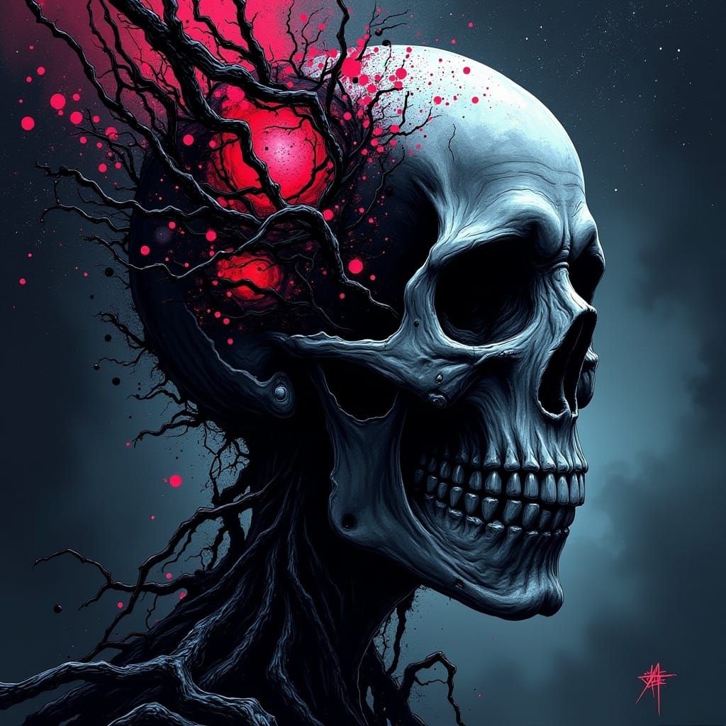 Starry Night Skull Double Exposure in Twisted Ink Style