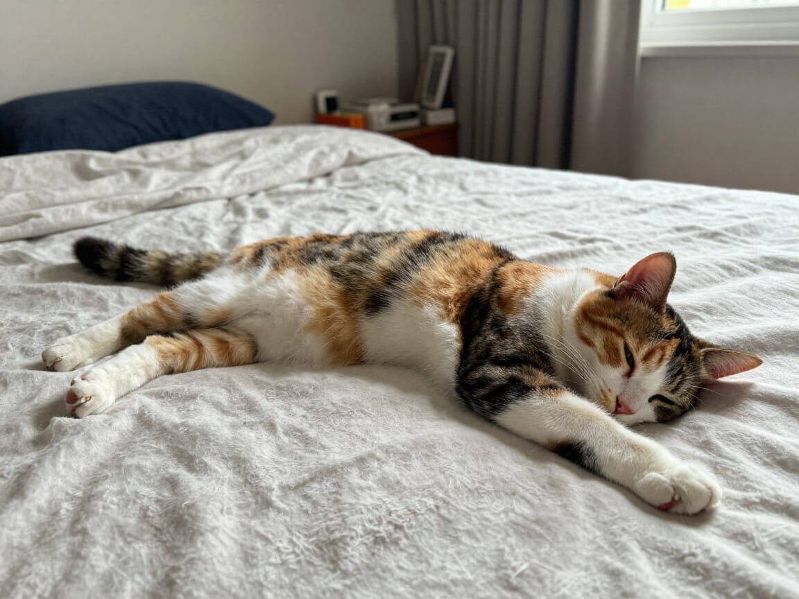 Calico Cat Sleeping Peacefully on Fluffy Bed