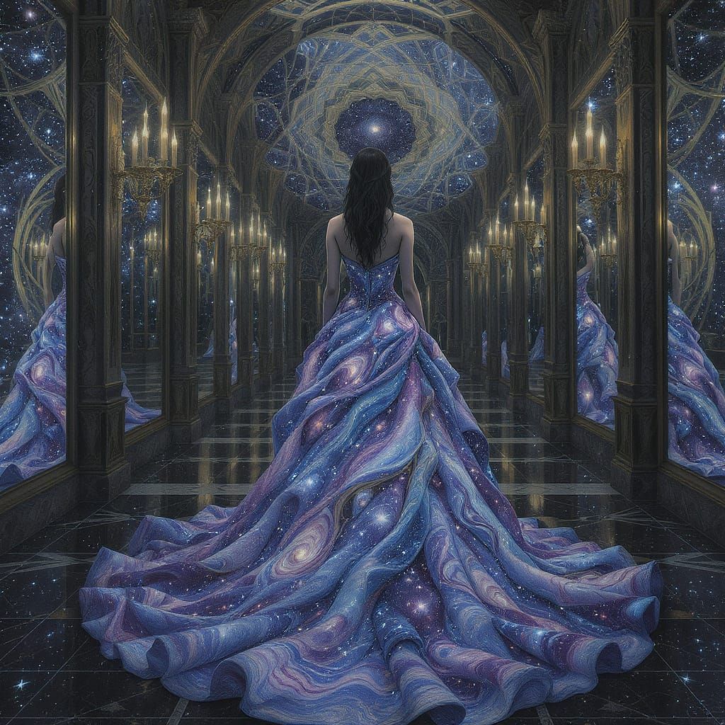 Woman in Galaxy Dress in Art Nouveau Style