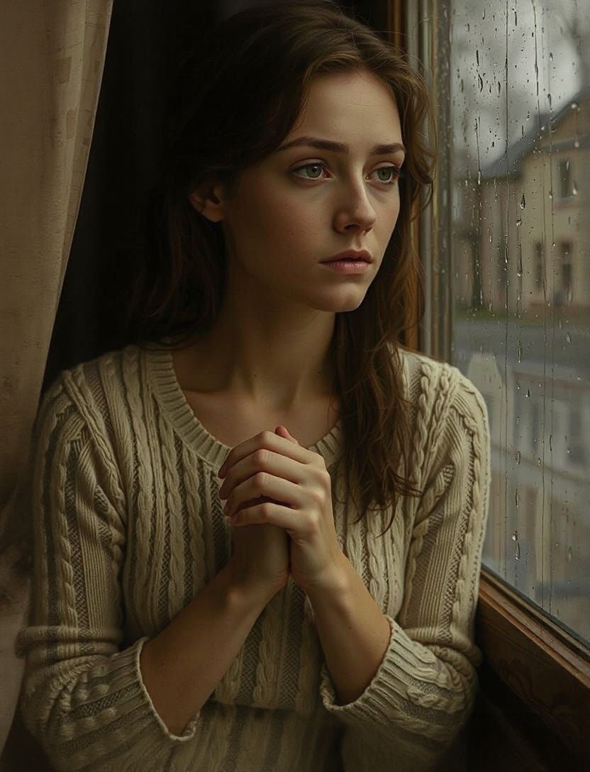 Melancholic Woman Gazing Through Rainy Window