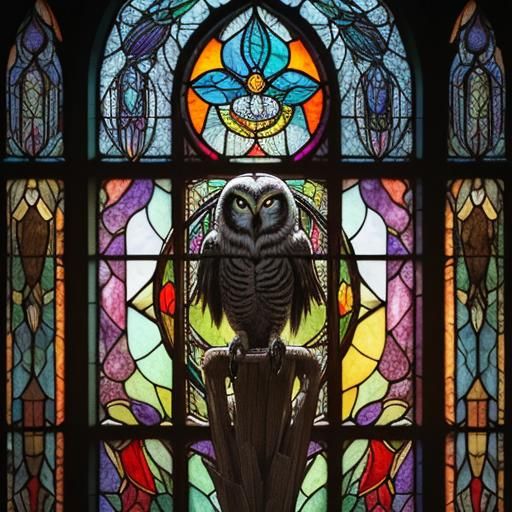 A Crow Jet owl stained glass window