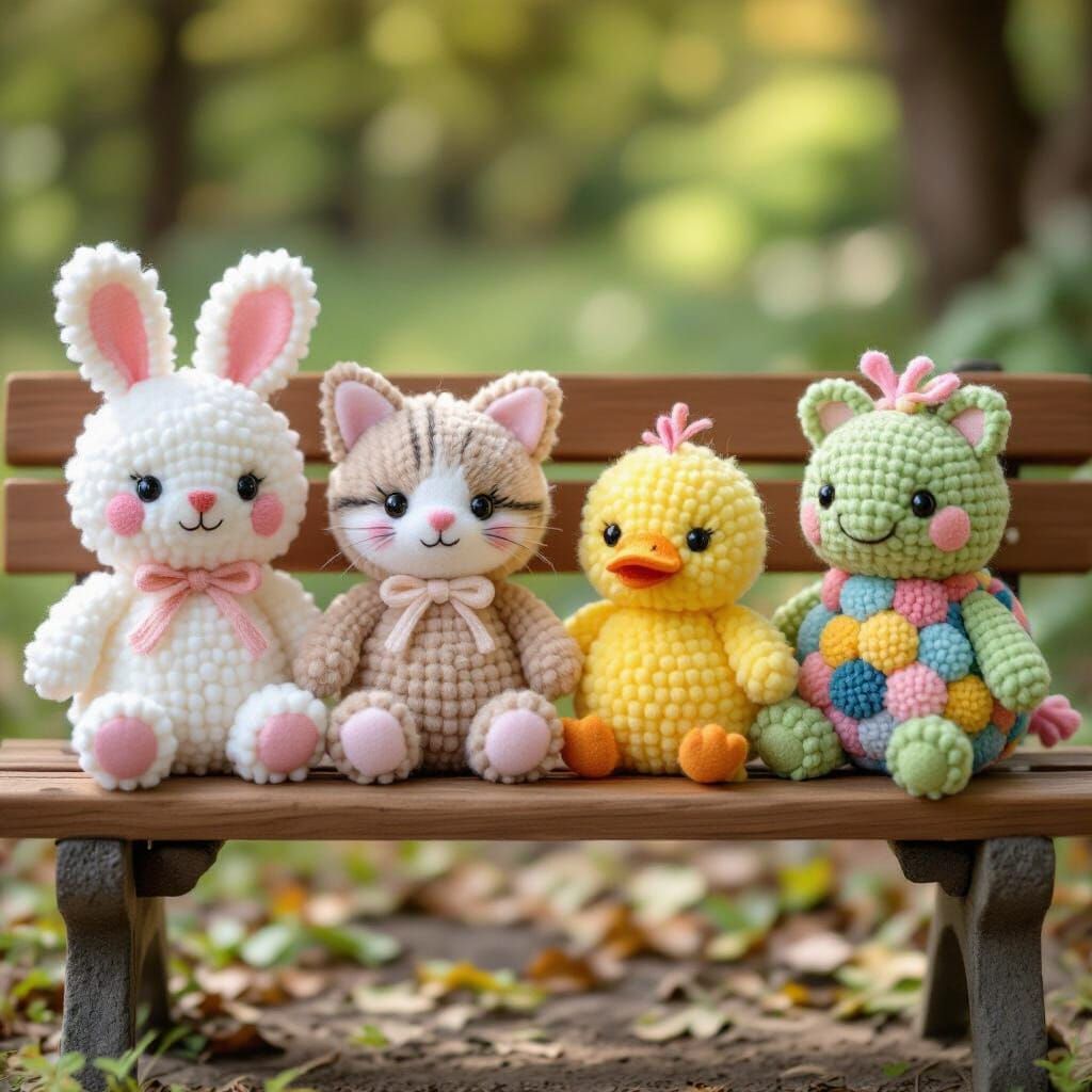 Cute Yarn Pom-Pom Animals on Park Bench