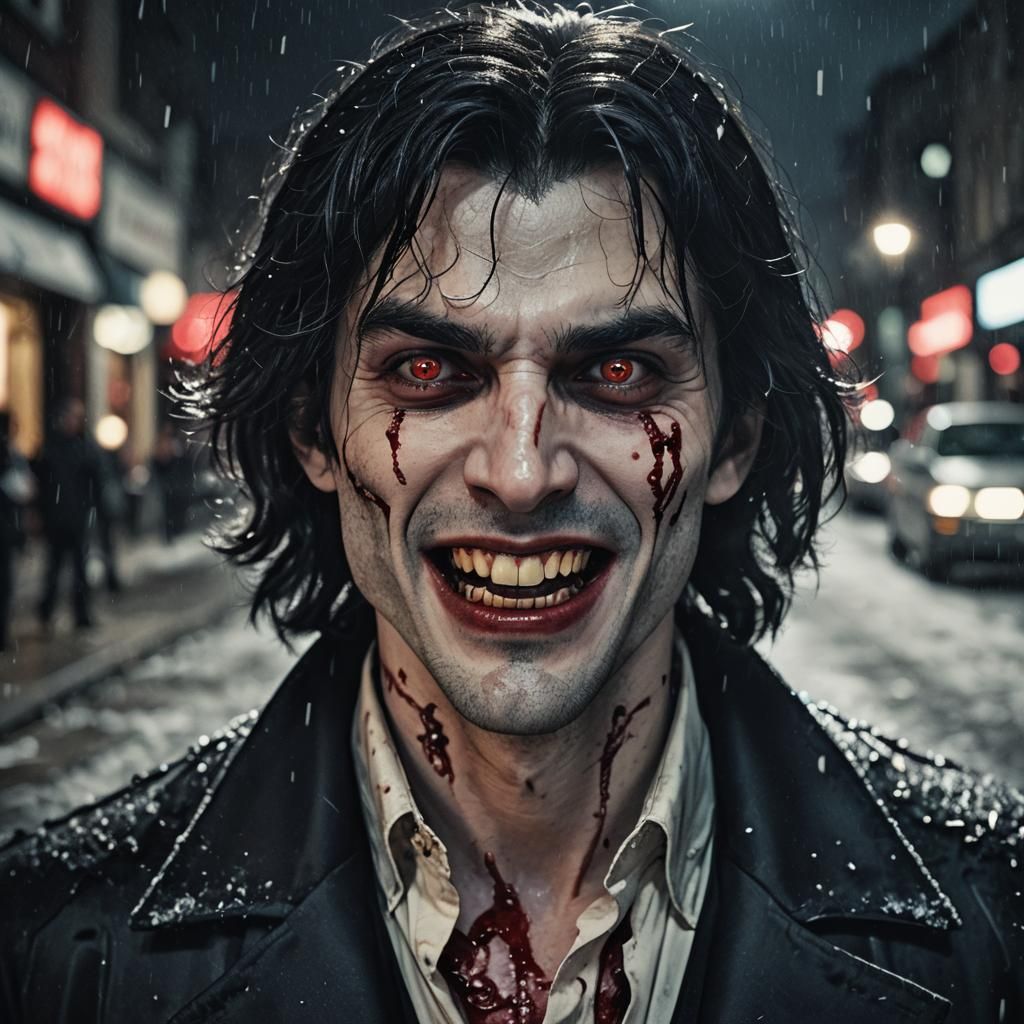 Handsome Vampire Smiles Amidst City Sidewalk
