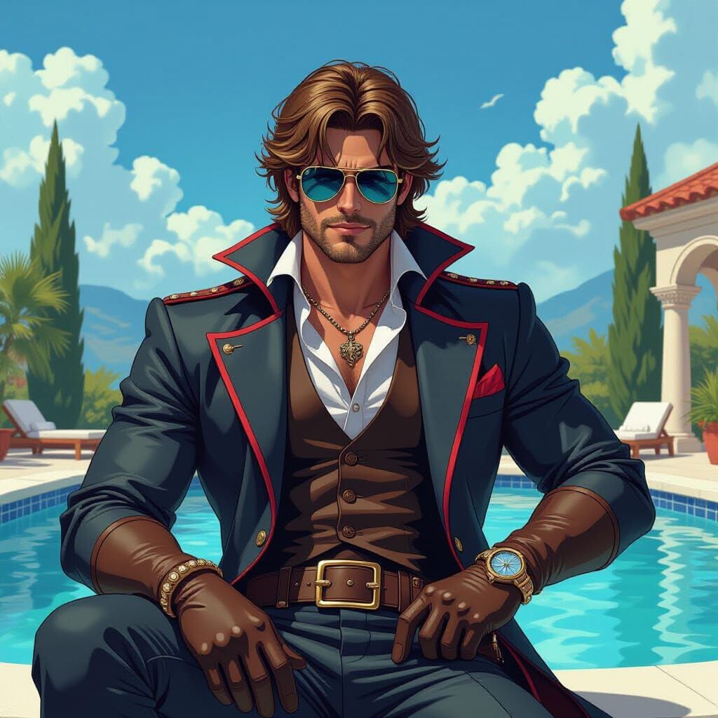 Simon Belmont Lounging Poolside in Futuristic Illustration