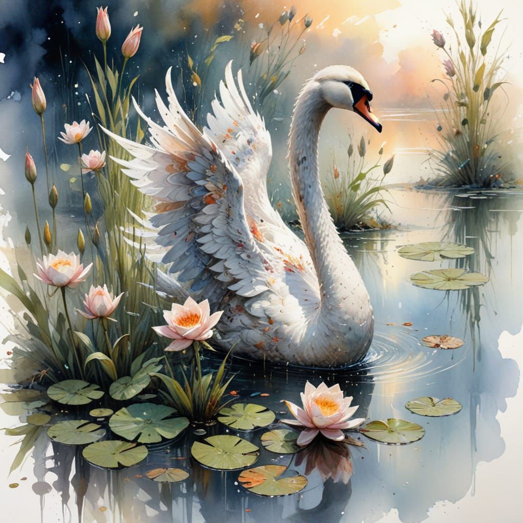 Swan on Twilight Lily Pond in Watercolor Style