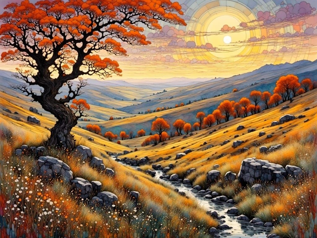 Scottish Autumn Landscape in Tiffany Style
