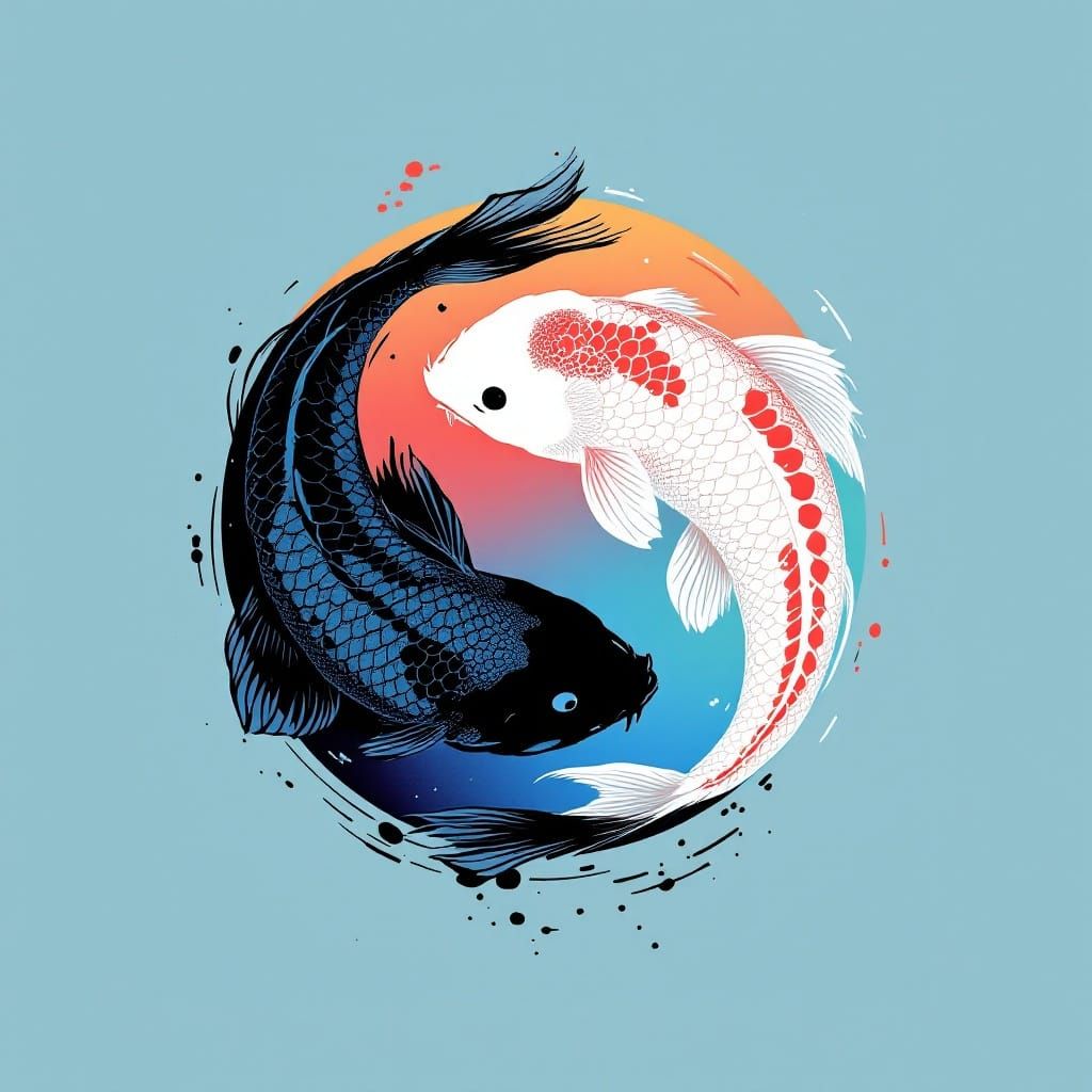 Surreal Koi Fish Entwined in Yin-Yang Circle, Minimalist Jap...