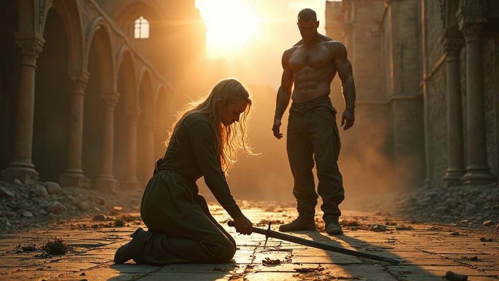 War-Torn Heroine in Ruined Church Courtyard at Sunset