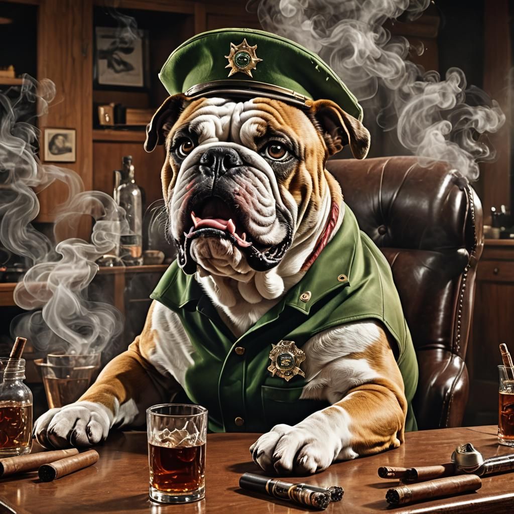 Angry Bulldog Smokes Cigar in Military Beret