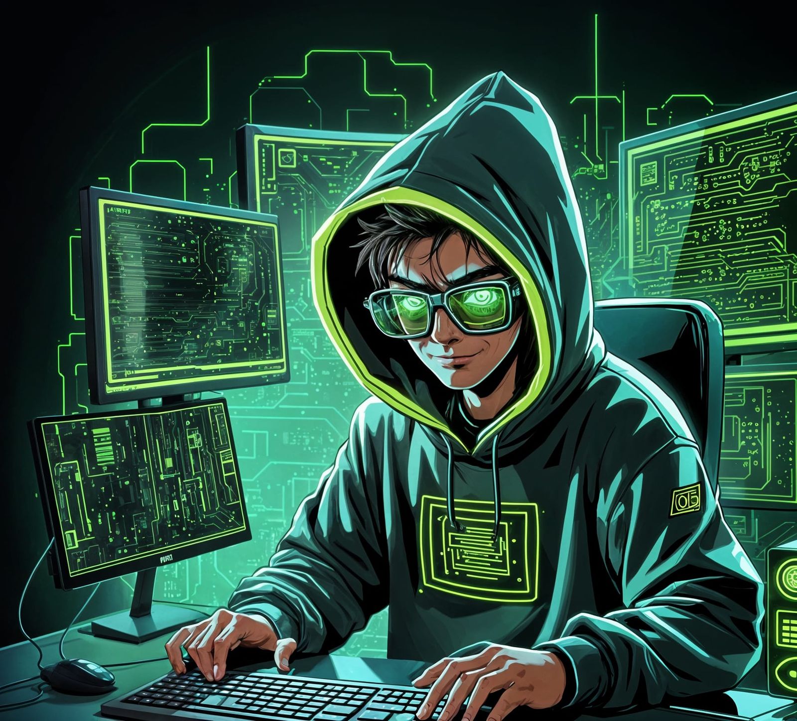 Cartoon Hacker in Cyberpunk Vector Art