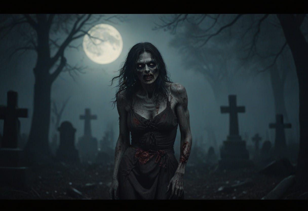 Zombie Emerging from Twilight Graveyard in Dramatic Bokeh