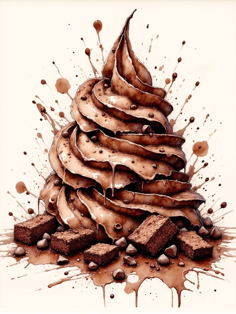Chocolate Ice Cream Mountain in Stylized Illustration