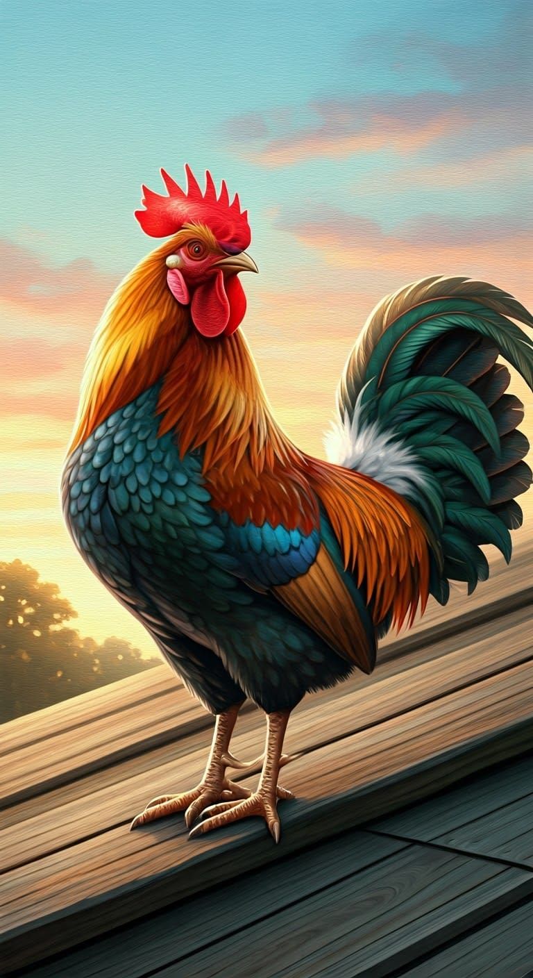 Rustic Rooster on Barn Roof in Folk-Art Style