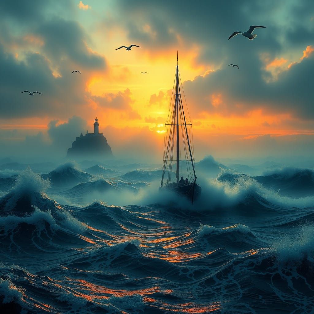 Ethereal Sailboat Amidst Gothic Waves in Sunset Glow