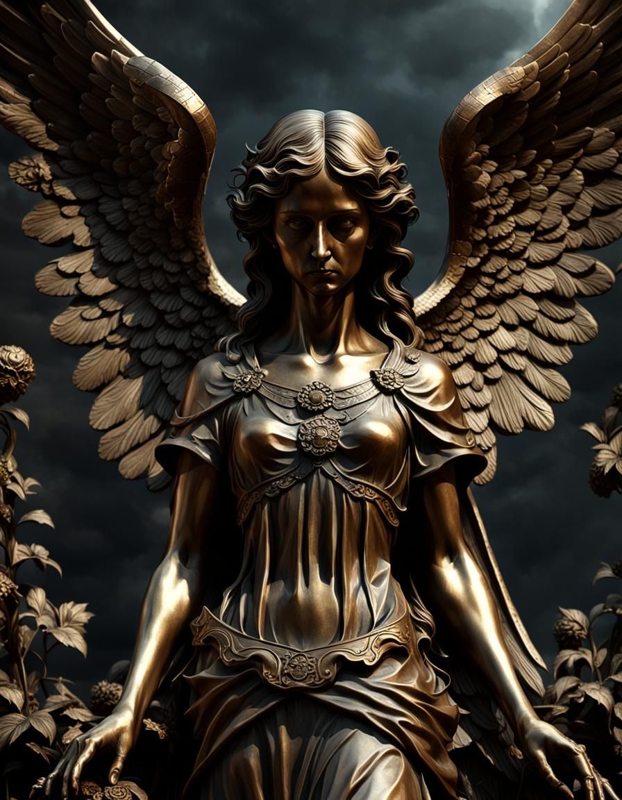 Sorrowful Bronze Angel Statue in Gothic Cemetery