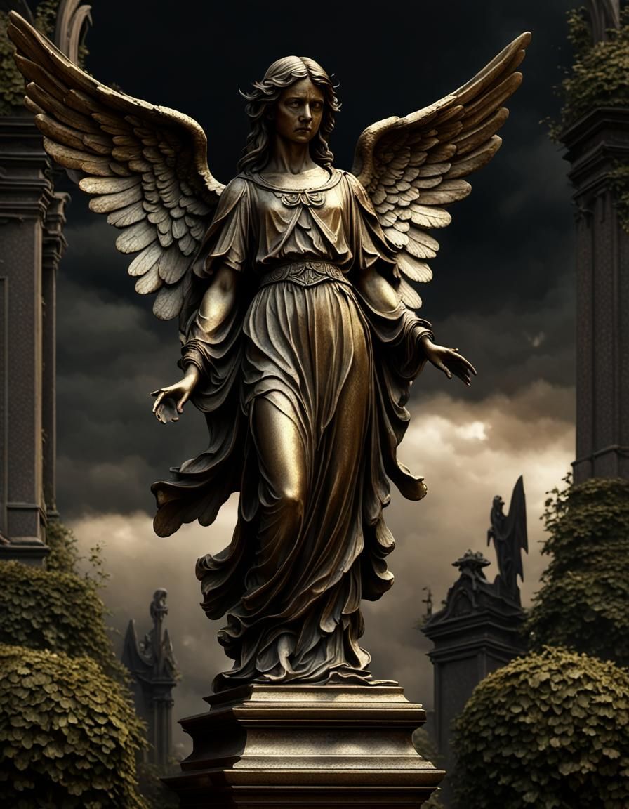 Sorrowful Bronze Angel Statue in Gothic Cemetery