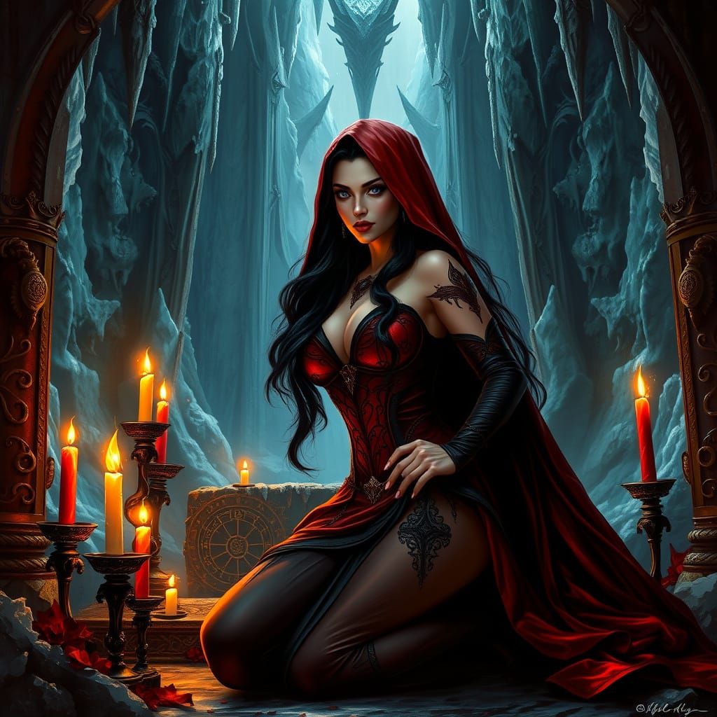 Dark Red Sith Sorceress Before Ancient Altar in Baroque Goth...