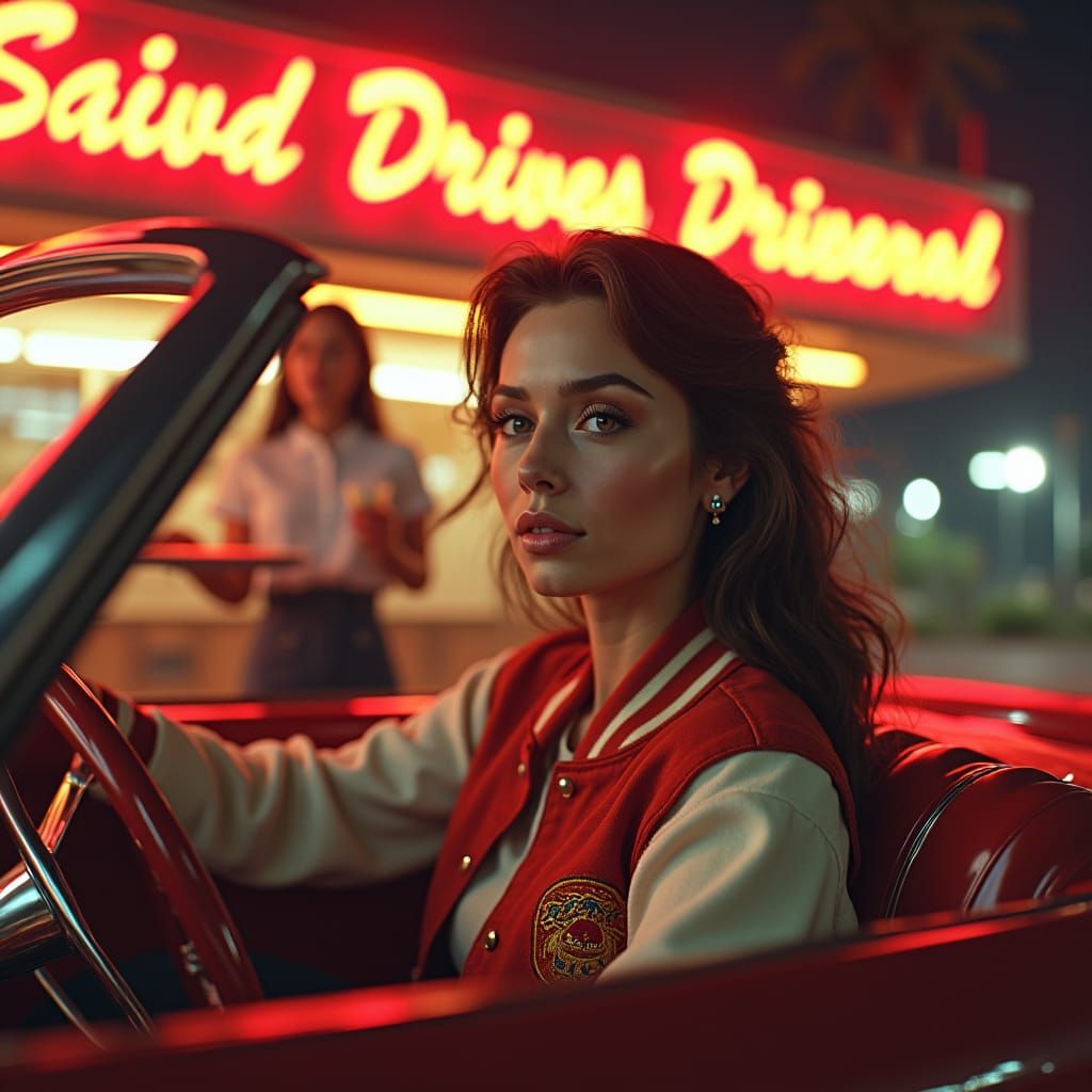 1950s Drive-In Scene with Woman in Convertible