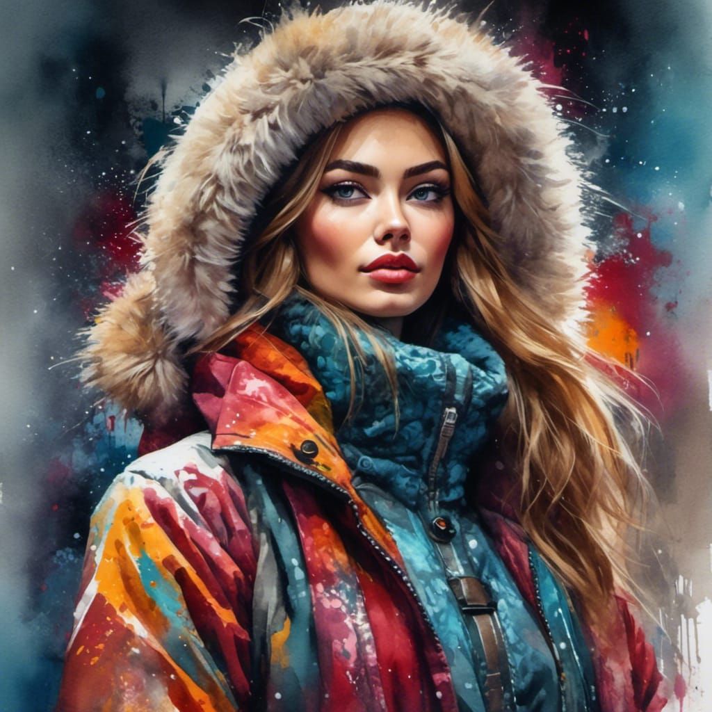 Woman in Russian Winter Jacket: Watercolor Portrait