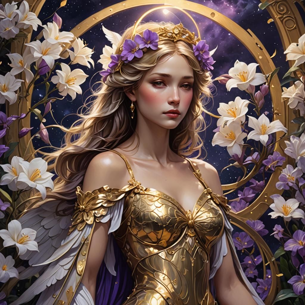 Sorrowful Angel in Night Garden with Blooming Flowers