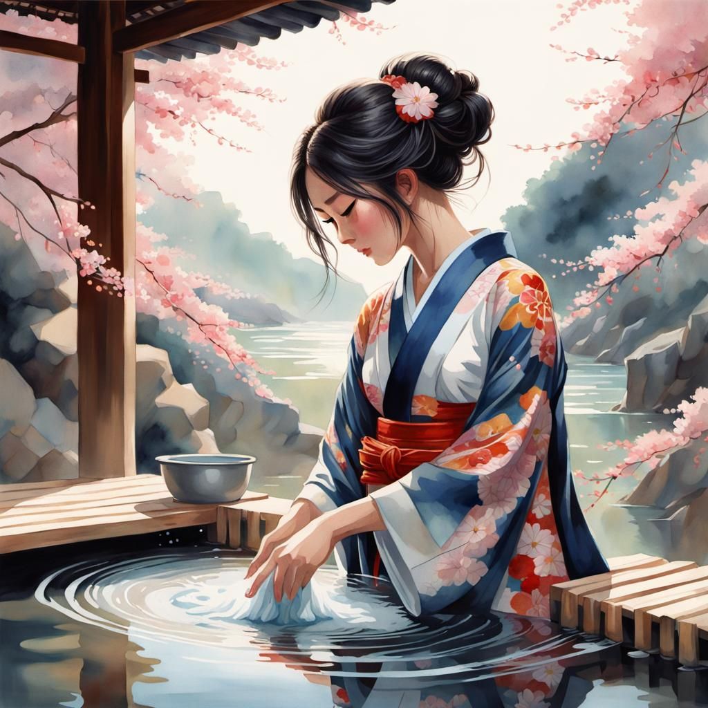 Anime Woman Washing Laundry in Spring Sunlight