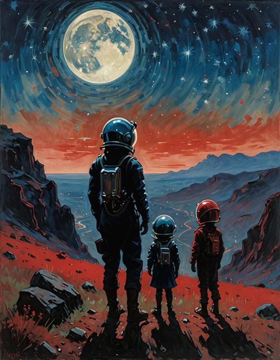 Children Silhouettes on Hill with Earth in Background