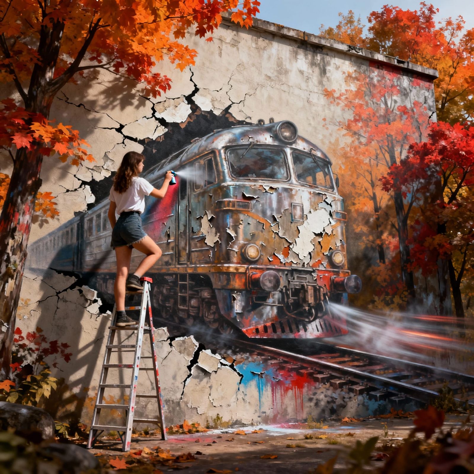 Woman Paints Surreal Train Emerging From Wall
