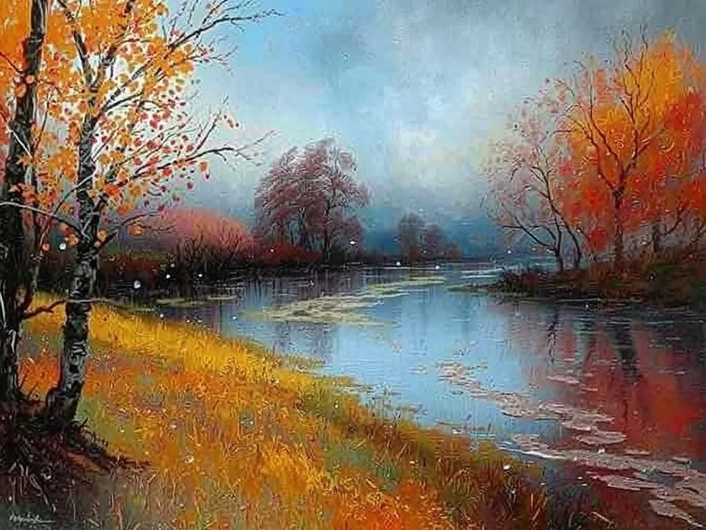 Scottish Autumn Landscape Shines After Rain, Watercolor Styl...